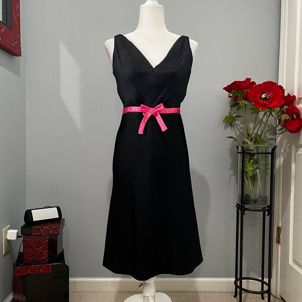 NEW Moda Intl Silk Tailored Belted Bow Longline Pleat Fit Flare Midi Dress NWOT